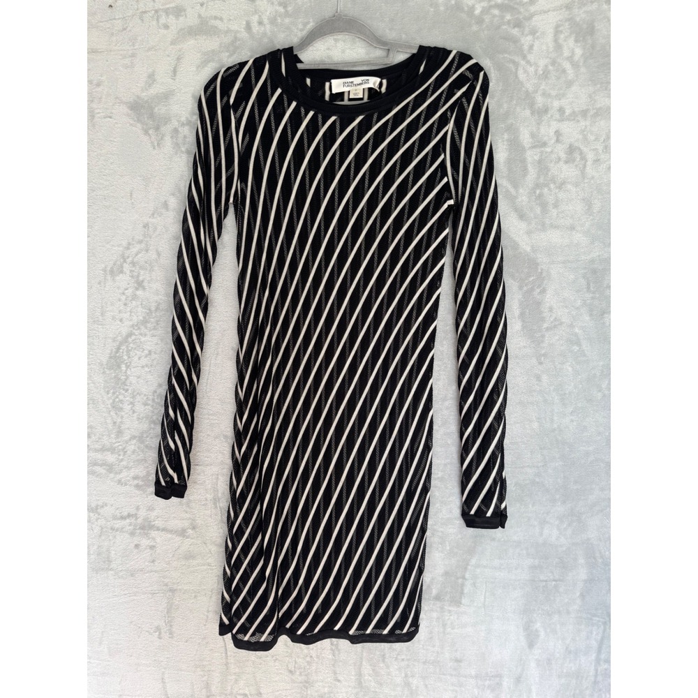 Diane von Furstenberg Black White Diagonal Stripe Knit Mini Dress Merino Wool P